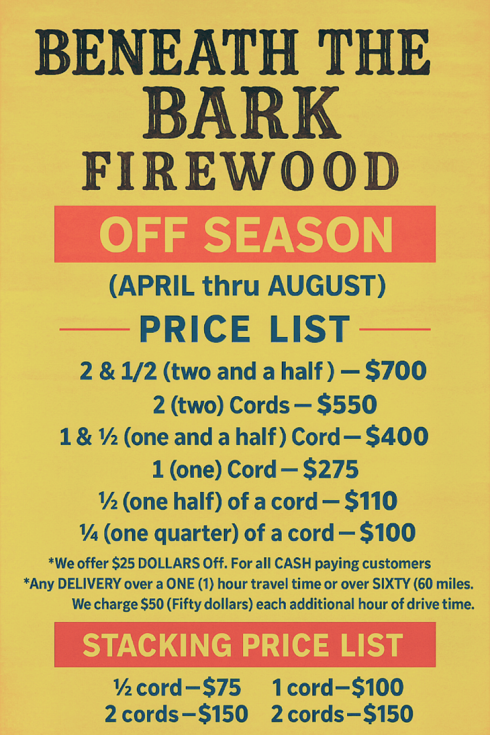 24/25 firewood **OFF SEASON** PRICELIST